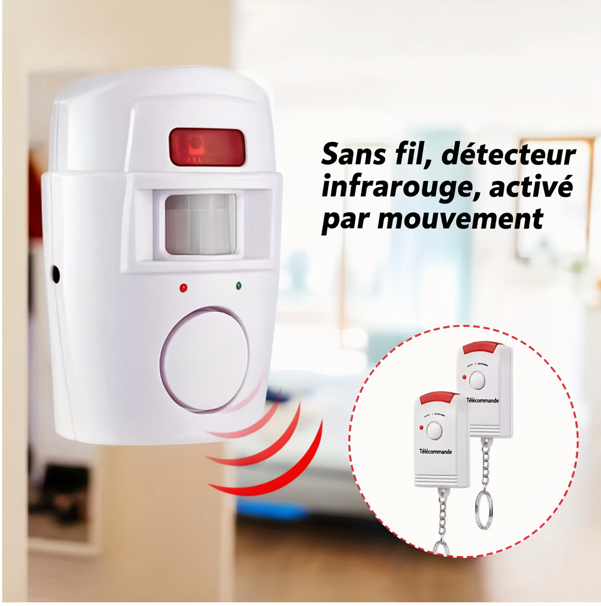 Mini Alarme Sans Fil Détecteur de Mouvement PIR — Sirène 105 dB + 2 Télécommandes